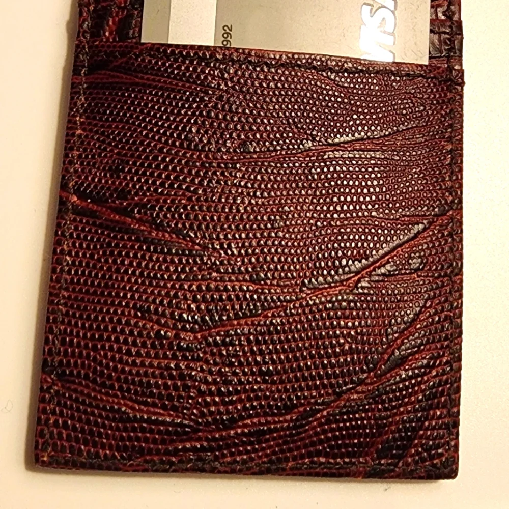Men's 100% Lizard Shell Cordovan Money Clip/Two Card Slot Wallet.  Wine.